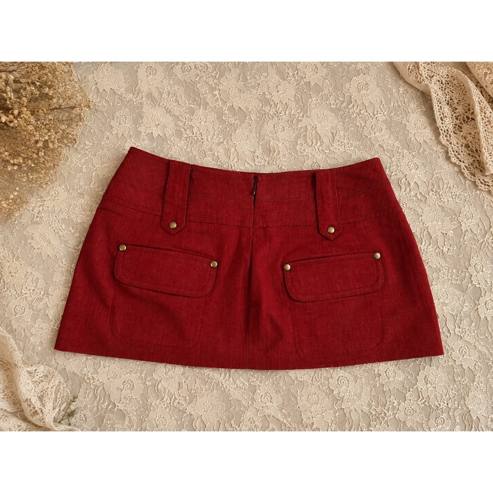 Y2K Red Denim Micro Mini Skirt Low Rise 2000s Indie Sleaze Festival Boho 6P
